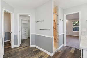 Bathroom with vanity, dark wood-style flooring, a marble finish shower, a walk in closet, and wainscoting