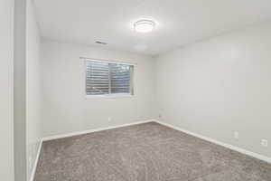 Unfurnished room featuring carpet and a textured ceiling