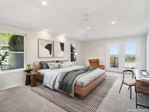 Carpeted bedroom featuring access to exterior, ceiling fan, recessed lighting, a raised ceiling, and ornamental molding
