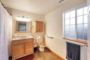 Full bathroom featuring vanity and a shower with curtain