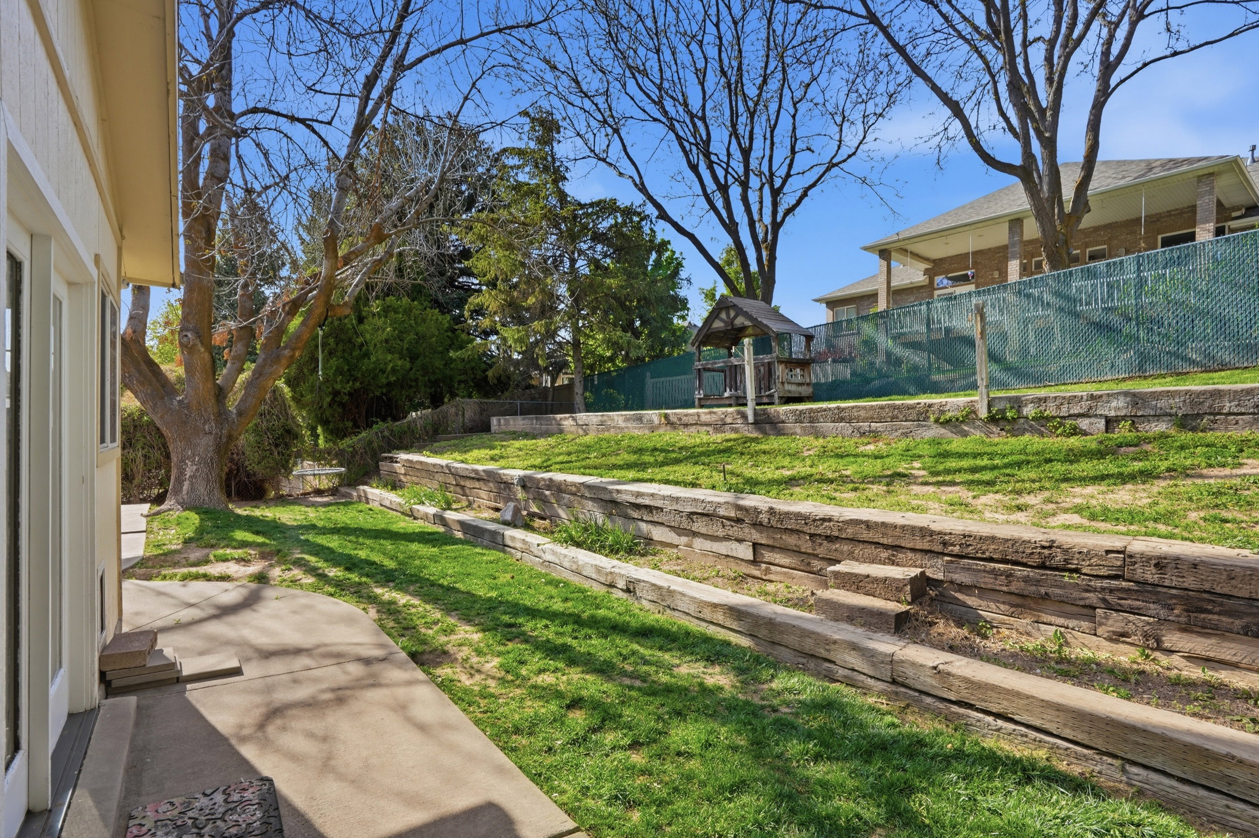 Fenced backyard featuring a patio