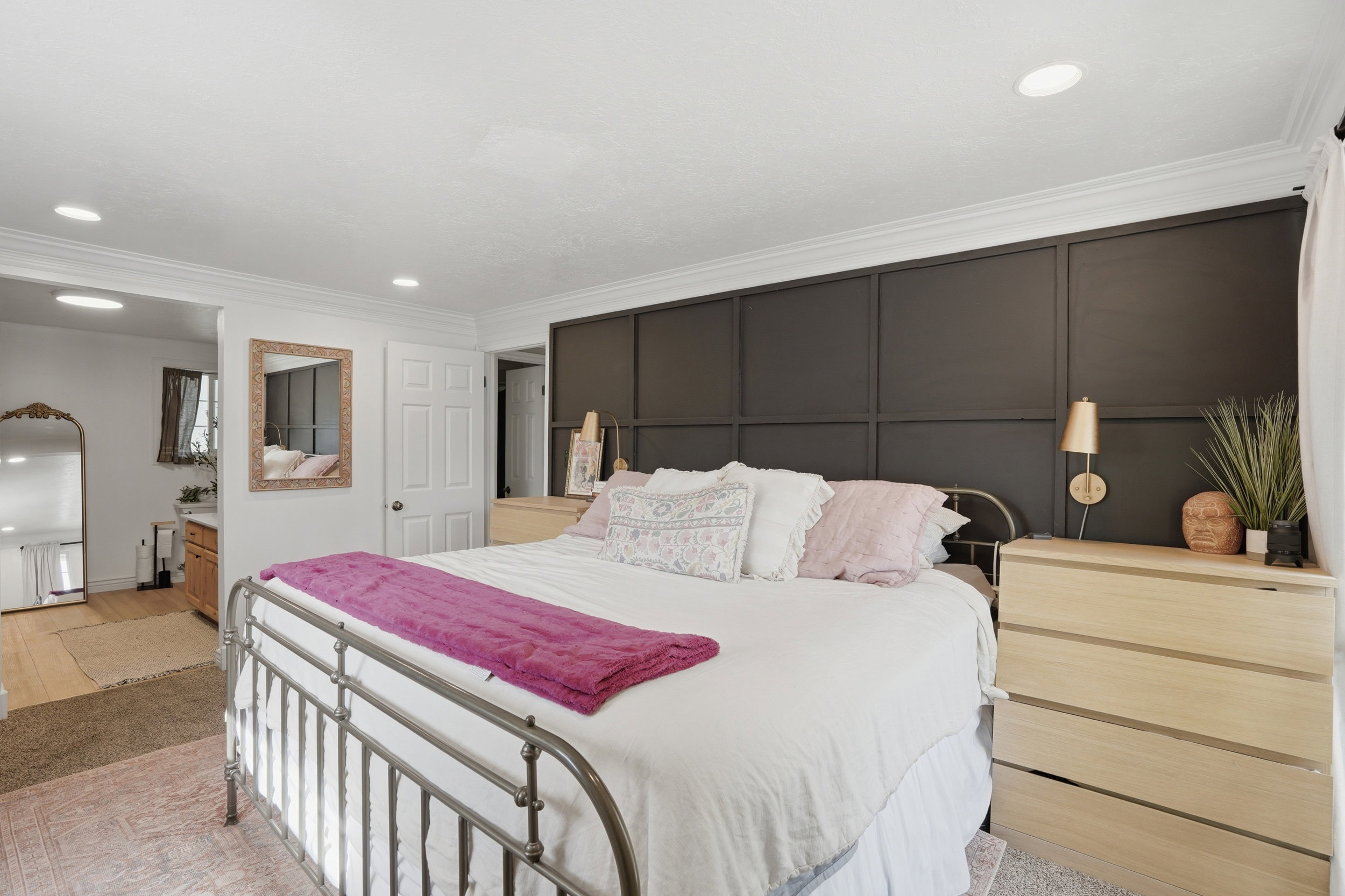 Bedroom featuring recessed lighting, crown molding, and light wood-style floors