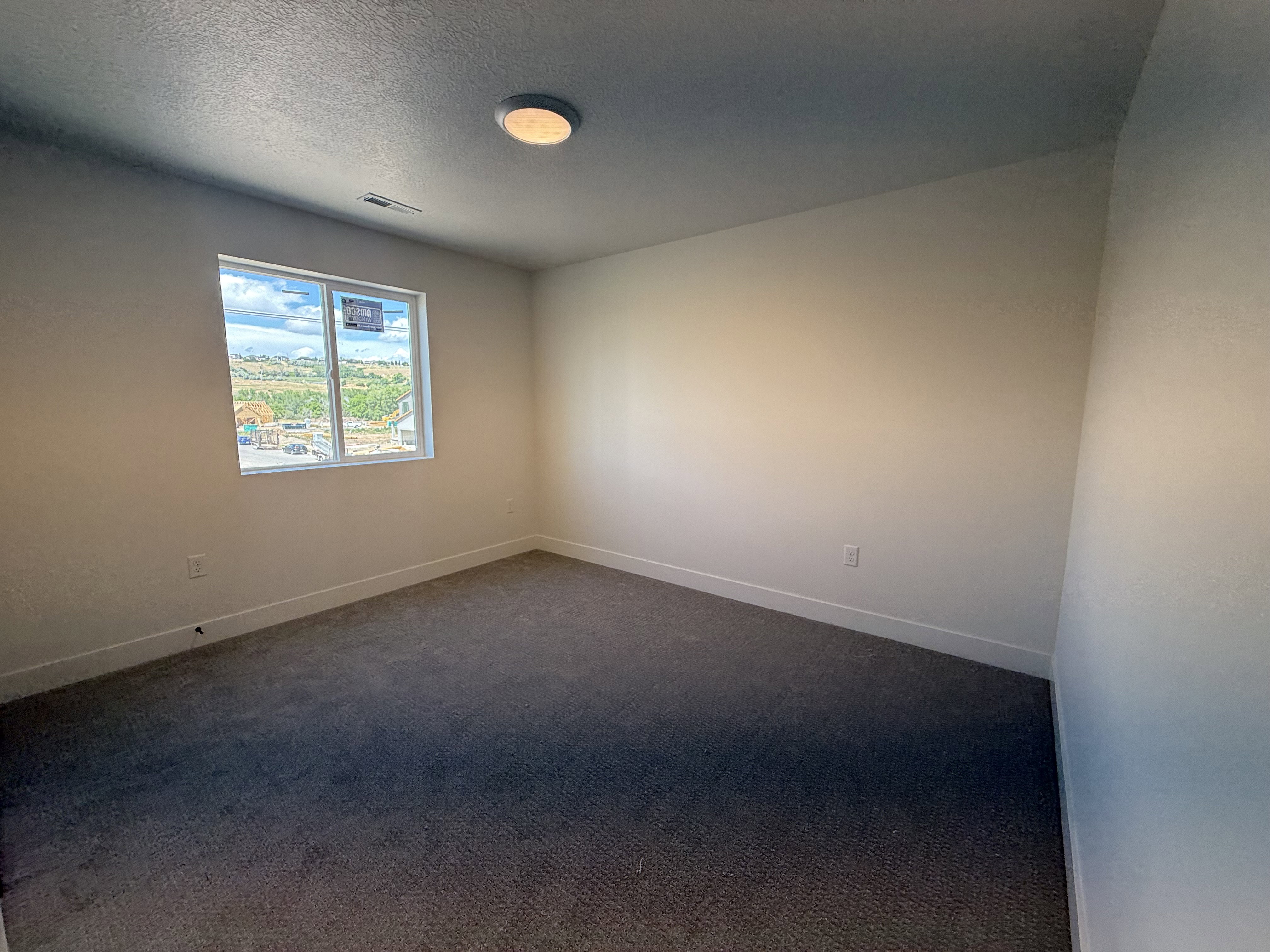 Bright room featuring neutral wall paint, dark patterned carpeting, and a white-framed window