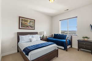 Bedroom with light carpet and baseboards