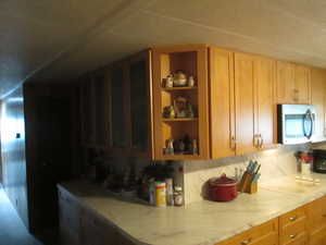 Kitchen with stainless steel microwave, light countertops, and open shelves