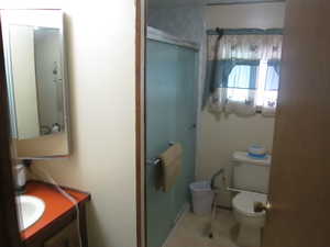 Bathroom featuring a shower stall and vanity