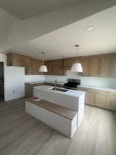 Kitchen featuring light wood-finish flooring and extensive cabinetry
