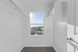 Walk in closet featuring dark carpet