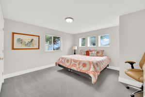 Carpeted bedroom featuring baseboards