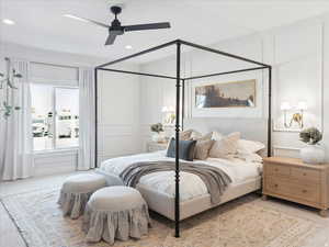 Bedroom with ceiling fan, carpet flooring, recessed lighting, and a decorative wall