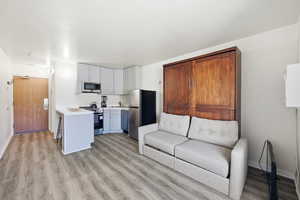 Kitchen featuring light countertops, stainless steel appliances, light wood-style floors, and a peninsula