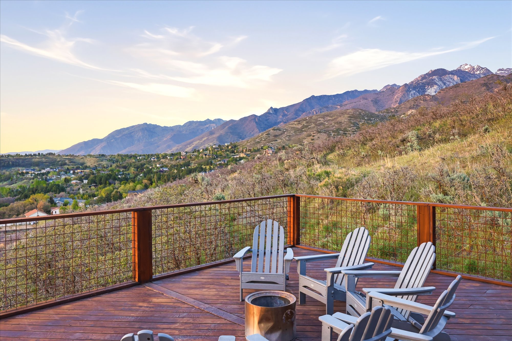 Deck at dusk with a mountain view