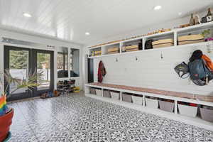 Mudroom featuring recessed lighting and wooden ceiling