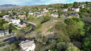 Aerial view of residential area with mountains