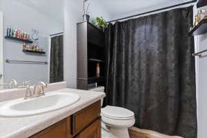 Full bath featuring vanity and a shower with shower curtain