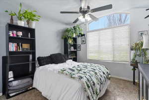 Bedroom featuring carpet flooring, vaulted ceiling, and a ceiling fan