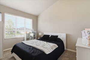 Bedroom featuring lofted ceiling and dark carpet