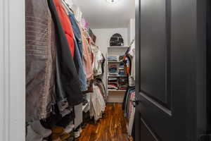 Walk in closet with dark wood finished floors