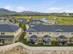 Drone / aerial view of a mountainous background