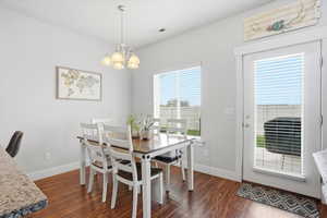 Dining room with dark wood-style floors and hanging lights