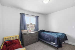 Bedroom with light colored carpet