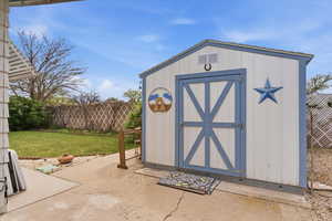 View of shed featuring a fenced backyard