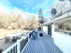 Wooden deck with a fire pit and outdoor dining space