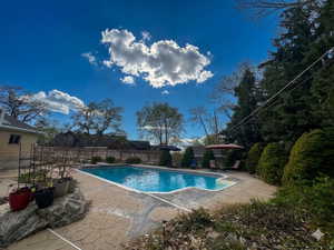 View of swimming pool with patio surround and a fenced backyard
