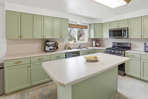 Kitchen featuring green cabinets, stainless steel appliances, and light countertops