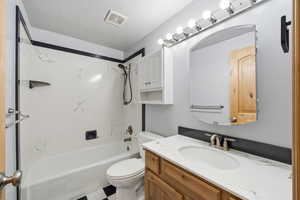 Updated bathroom featuring modern vanity, tub/shower combo, and clean, refreshed finishes.
