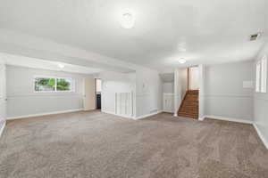 Large lower-level living space with flexible layout, stair access, and room for multiple uses.