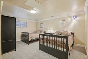 Bedroom featuring light colored carpet and ornamental molding