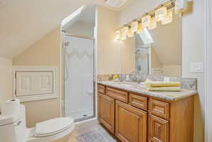 Full bathroom with vanity, vaulted ceiling, and a stall shower