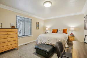 Carpeted bedroom featuring ornamental molding and a textured ceiling