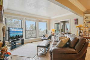 Living area with stone tile flooring, ornamental molding, and a textured ceiling