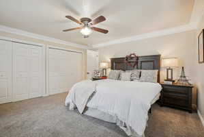 Bedroom featuring carpet floors, ornamental molding, multiple closets, and a ceiling fan