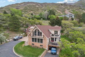 View from above of property featuring a mountain backdrop
