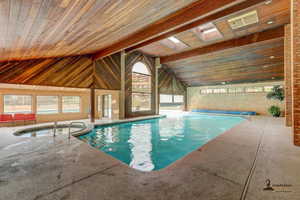 Integrated pool / hot tub featuring a skylight