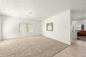 Spare room with light carpet, a textured ceiling, plenty of natural light, and light tile patterned floors