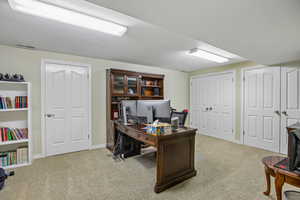 Office featuring light colored carpet and a textured ceiling