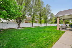 Fenced backyard featuring a patio area and a playground