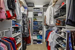 Walk in closet featuring light carpet