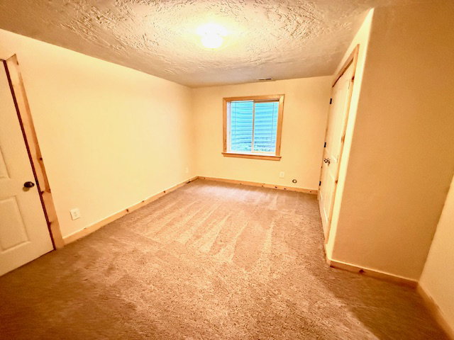 Unfurnished bedroom with light carpet, a textured ceiling, and a closet