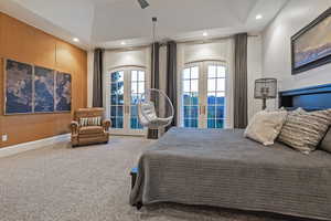 Carpeted bedroom featuring french doors, access to exterior, recessed lighting, and a ceiling fan