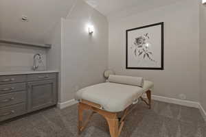 Living area featuring light carpet and baseboards