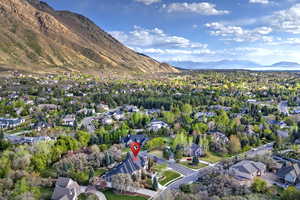 Aerial perspective of suburban area featuring mountains