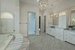 Bathroom with vanity, suspended lighting, wood finish floors, and a stall shower