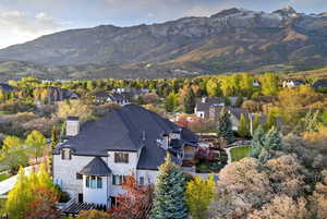 Aerial view of residential area with a mountainous background