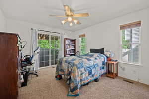 Carpeted bedroom featuring a ceiling fan and multiple windows