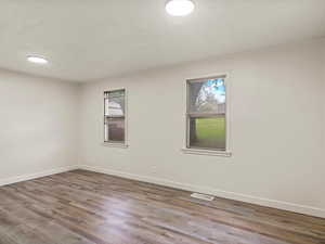 Spare room with dark wood-style floors and plenty of natural light